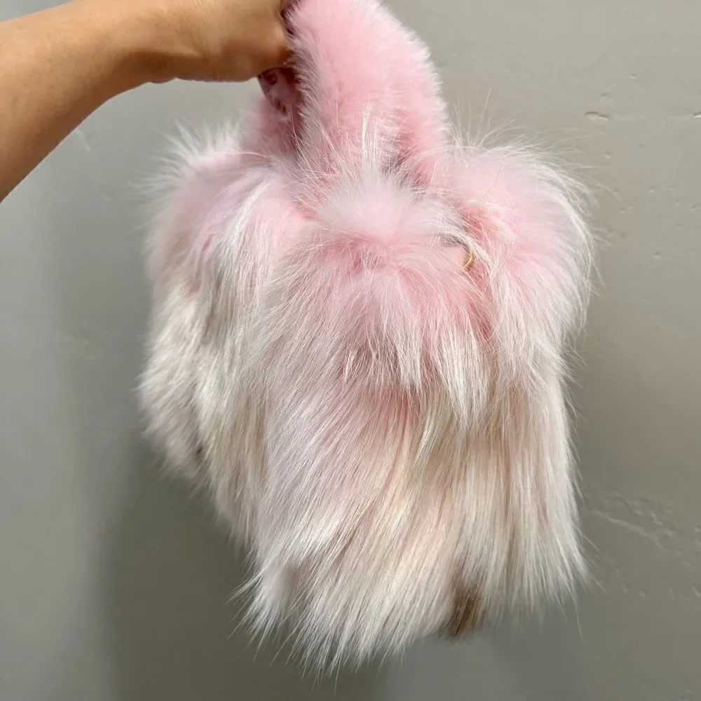 Handmade Real Fox Fur with Mink Fur Handle Satchel Bag, Includes 2 Strap Styles
